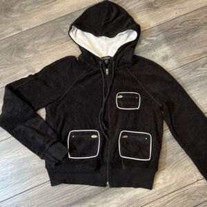Bebe Y2k Terry Cloth Cropped Hoodie Logo Pockets Womens Junior Medium USA Black